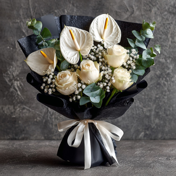 Moonlit Silence — White Anthuriums and Roses in Night