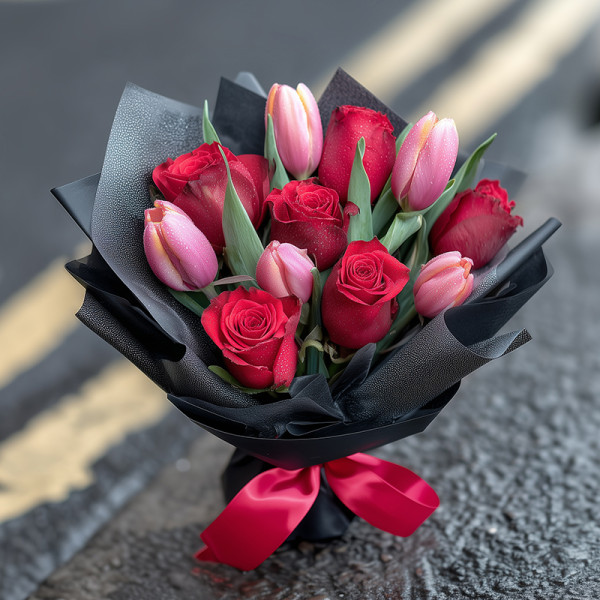 Crimson Eclipse — Red Roses and Pink Tulips